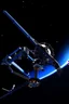 Placeholder: In a sci-fi starry sky background, a slender space flexible robotic arm is located on the satellite in the frame.