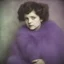 Placeholder: SidneySweeney, purple fur, flowered wallpaper background, old autochrome