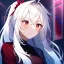 Placeholder: Clear focus, 8k, beautiful lighting, vibrant colors, girl, white hair, long hair, vibrant red eyes, ponytail, messy hair, nervous, looking away,