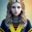 Placeholder: Girl with long wavy brown blond hair, yellow eyes. Wears Hogwarts Hufflepuff uniform, sunglasses with a yellow clip. She has a snowy owl with yellow eyes on her shoulder.