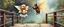Placeholder: two totally symmetric dancing fluffy angel gremlin spider wolf bumblebee nice cheerleader singing on bridge pointing down in garden , full body portrait T-pose strong aura, oil painting and air brush