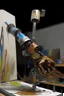 Placeholder: A slender, flexible robotic arm paints an oil painting. The overall background of future technology is prominent