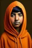 Placeholder: MALALA YOUSAFZAI with orange hoodie, realistic photos