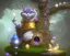 Placeholder: cheshire cat in a tree talking to alice, wide grin, glowing eyes, blue and grey, blue dress, yellow hair, alice in wonderland, signpost pointing in different directions, orbs of light, tea pot, teacup, film still