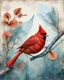 Placeholder: surreal mixed-media illustration of a Cardinal perched on a textured branch, depicted with a semi-transparent body that reveals an internal aquatic scene.Inside the bird’s torso, Angelfish swim gently in clear water, rendered with scientific-illustration precision and soft painterly textures.The bird’s feathers combine natural realism with subtle graphic stylization, including layered patterns and delicate linework.Surrounding the branch are daffodils, illustrated in a vintage botanical style wi