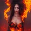 Placeholder: woman made of fire, full face, fire angel, hair on fire, hair made of flames, flames covering breasts, flames all around, only wearing bikini made of flames, extremely detailed, photo style, style of photo, lava background, smokey sky