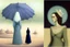 Placeholder: two women seen from behind walking side by side in an empty foggy plain, above there is blue sky by artist "Leonora Carrington",by artist "Christian Schloe",by artist "Kay Sage"