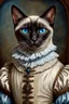 Placeholder: Portrait Renaissance Portrait of a female Siamese cat wearing classic mediveal outfit, oil painting texture, piercing blue eyes