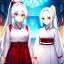 Placeholder: Clear focus, 8k, beautiful lighting, vibrant colors, girl, white hair, long hair, vibrant red eyes, miko, ponytail, same twins, white hair, red eyes, same clothes,