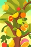 Placeholder: a stylized minimal primitive poster with various exotic anime fruit on a tree, in the style of multilayered realism, film/video, hd mod, massurrealism, architectural exterior, color moebius, elliptic