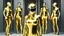 Placeholder: Hyperrealistisch stämmige, üppige Frauen völlig verhüllt von identischen golden glänzenden Ganzkörper-Zentai mit geschlossenem Visier in goldfarbenem, geschlossenem Helm