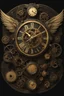 Placeholder: steampunk clock surrounded by cogs and springs, metal insects with wings, black background