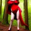 Placeholder: flirty, big bosomed red riding hood in the woods