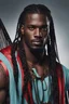 Placeholder: dark skinned man,Long braided brown hair, red eyes, cyan highlights in hair