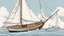 Placeholder: in the childish style of a 5 year old with scratchy penwork, a basic sloop, floating on water with the sail full of wind. Off to the side, the same boat mast is depicted, this time with the sail raised and tied up