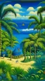 Placeholder: A blue resort near a beach designed in Hawaiian tikis painted by Henri Rousseau