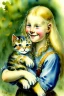 Placeholder: A cute smiling scandinavian girl is holding a kitten. Watercolour