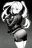 Placeholder: blonde girl with ponytails dressed in a jacket and shorts walks briskly, greyscale