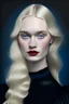 Placeholder: A woman with soft blonde hair, blue eyes, and a white face, wearing a black velvet dress