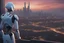 Placeholder: Humanoid robot looking out over an alien town skyline at dusk