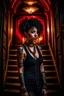 Placeholder: scarred cyberpunk vampire girl with tribal tattoos short curly dark cyberpunk hair descending the staircase in decaying dark mansion on fire