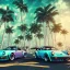 Placeholder: 1980's aesthetic vaporwave palm trees and spheres and Porsche with lightning