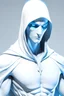 Placeholder: Male Anti-Hero dressed in a white superhero suit with a white cowl covering his face. Thin and lean build with a seductive look. His eyes are a beautiful shade of blue.