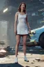 Placeholder: Emma Watson, full-length, in white stockings, cyberpunk 2077, photorealistic illustration, 4k