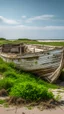 Placeholder: An abandoned old boat damaged and covered with see weeds on the beach , half of it buried in the beach sands