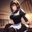 Placeholder: Clear focus, High resolution, girl wearing a maid outfit, medium length dark brown hair, sitting down, angry, wearing a medium skirt