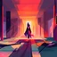 Placeholder: A vampire fashion morning sunrise and an empty catwalk with loads of clothes on the side with vibrant colours illustration