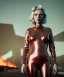 Placeholder: retro sci-fi portrait image from 1990, supermarket parking explosion, fire, scared people, blonde woman walking, young Scarlett Johansson face, tight latex suit, soft color, highly detailed, unreal engine 5, ray tracing, RTX, lumen lighting, ultra detail, volumetric lighting, 3d, finely drawn, high definition, high resolution.