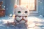 Placeholder: cute chibi thankful cat praying in an icy room in sunshine