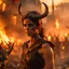 Placeholder: a dark haired tiefling woman with horns in a sleeveless battle outfit, a face like emma watson, amidst town ruins with fires burning, photo quality