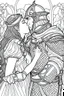 Placeholder: Fantasy coloring page, minimal detail. HD. Woman kissing a male knight with a beard