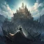 Placeholder: a black and menacing castle floating in midst air, hilly environment, cloudy sky