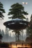 Placeholder: school kids see a saucer shaped ufo flying over tall pine trees, near a high voltage powerline with (three lights underneath) and lots of lights all around the edge, the year is 1966 in color, concept art, by Asaf Hanuka, by Weta Digital, Electric Colors, Screen Space Global Illumination, in a symbolic and meaningful style