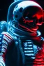 Placeholder: A close up of a skeleton face looking at the camera from a mysterious side view. Deep bony features and inside the hollow eyes are red shining lights, scary. Dressed in an astronaut suit floating in space. On his suit is an American flag and in his one hand is a small wavering American hand flag. From the back of his suit is blowing out blue, white and red smoke. Realistic, 8k, highly detailed, funny