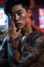 Placeholder: professional photo from attraktive young korean man with elaborate detailed warrior tattooed him arms. The character’s muscular build, some ring jewelry, dark hair, dark asian eyes, young korean man attractive masculine face with realistic skin, no anime face, shadows, pale light, cyber urban bar, blur background