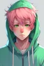 Placeholder: An anime man with messy short pink hair and blue eyes wearing a green hoodie. Realistic.