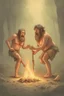 Placeholder: Create an image of two prehistoric human characters in an early Stone Age setting, surrounded by a dusky, misty environment suggestive of early morning. One character is bending over, inadvertently creating a stream of fire from their posterior, a humorous play on the discovery of fire. The other character, standing upright, is holding a primitive tool and laughing heartily at the scene. Both are wearing rough animal fur clothing. The scene is lighthearted, capturing a comedic moment between tw