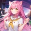 Placeholder: Clear focus,High resolution,High quality, Smiling, Pink long fluffy hair, Pink cat ears, Yellow eyes, Wearing a pink sailor uniform,