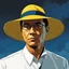 Placeholder: Gustavo Petro, comic style artwork, dark yellow, black and blue, wearing a wide-brimmed hat, wearing a white shirt, calm, serious and thoughtful