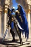 Placeholder: Fallen angel, black feathered wings, battle damaged paladin armor, helmet, royal blue loincloth, white and gold armor, sword of light, ruined chapel location, floating above ground