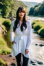 Placeholder: realistic, portrait and full body of a woman standing next to rocky river in country side, beautiful face with nice make up, sunlight, cinematic light, bangs, a beautiful woman, beautiful eyes, brown curved hair, perfect anatomy, very cute, princess eyes , (blue eyes) , nice sport shoes ,Centered image, stylized, life size,8k Resolution, low-cut dress with small blue details, human hands, wonder full, elegant, approaching perfection, dynamic, highly detailed, character sheet,