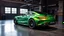 Placeholder: Mercedes-Benz AMG GT63s, green color, parked in a luxury garage and the car is facing right