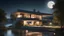 Placeholder: beautiful house, perfect architecture, style Le Corbusier, rural environment, night, moon, stars, volumetric lighting, trees, river, distant mountains, award-winning photograph, photorealism, superb details, light and shade, beautiful composition, arts-and-crafts, attractive, peaceful, exquisite