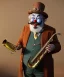 Placeholder: mechanoid old friendly fat clown with trimmed beard playing jazz with a steampunk theme, trumpet, salvador dali