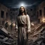 Placeholder: Hyper Realistic Jesus Christ trapped between Israel soldiers at dark night with destroyed buildings