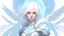 Placeholder: Generate a dungeons and dragons character portrait of the face of a female cleric of peace aasimar that looks like an angel with snowcolored hair. She has glowing blue eyes and is surrounded by holy light and has Angel wings. She is an halfling. She looks young, cute and beautiful. She seems kind but there is an dark urge inside of her. She is depressed and is a crazy. She went mad because the world is bad.